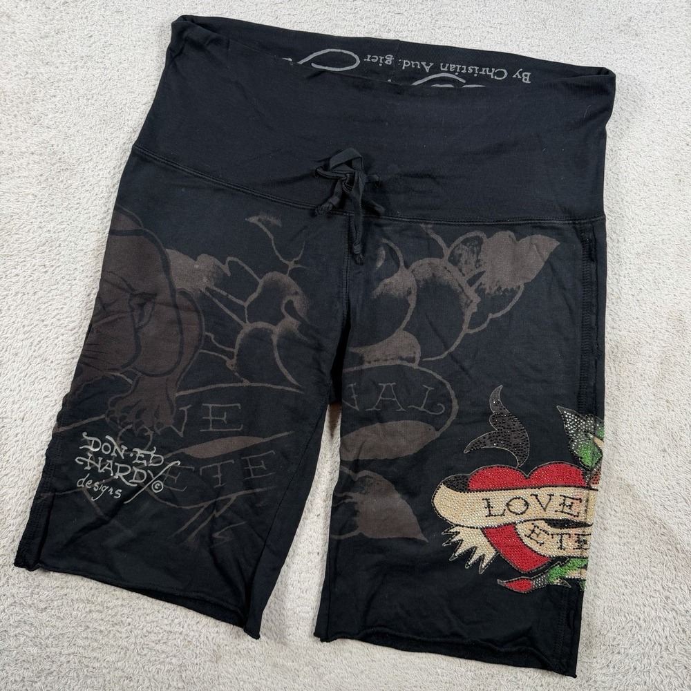Ed Hardy Biker Shorts Womens XS Black Love Rhinestone Drawstring Made USA Floral